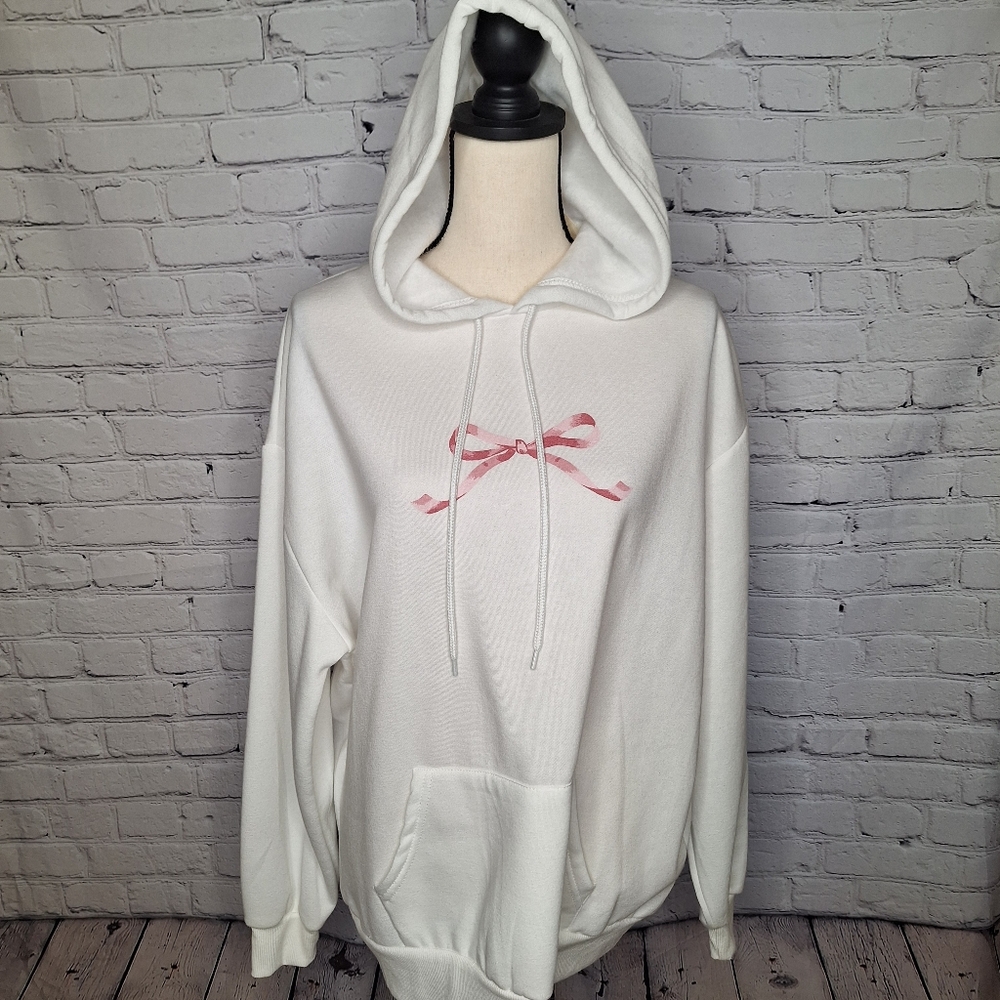 NWT Aeropostale White Pink Bow Fleece Line Oversized Hoodie Sz Small